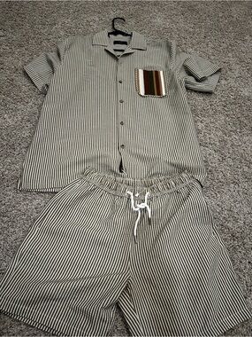 Eight X Striped Two-Piece Shirt and Short Set with Multicolor Pocket